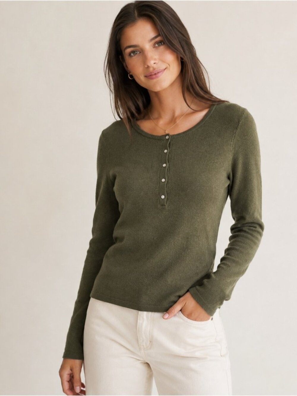 Merino Wool Henley Sweater XL Olive Green Rachel Zoe Quiet Luxury Preppy